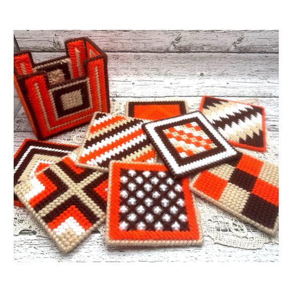 Retro 70s Needlepoint Coasters on Plastic Canvas Vintage Set of 8 with Holder - Picture 1 of 10